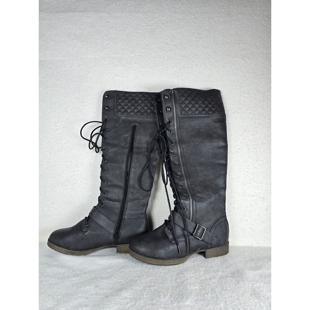 Justfab Jena Wide Calf Knee-high Black Lace-up Buckle Quilted Riding Boots 8.5